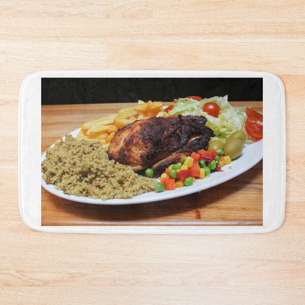 Item preview, Roasted Chicken Plate With Salad, Mixed Vegetables, Fries and Couscous Pilaf on Wooden Table designed and sold by Nmallia.