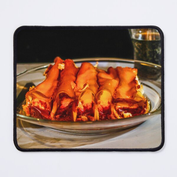 Item preview, Baked Cannelloni Pasta with Tomato Sauce and Cheese on Plate with Fork and Knife designed and sold by Nmallia.
