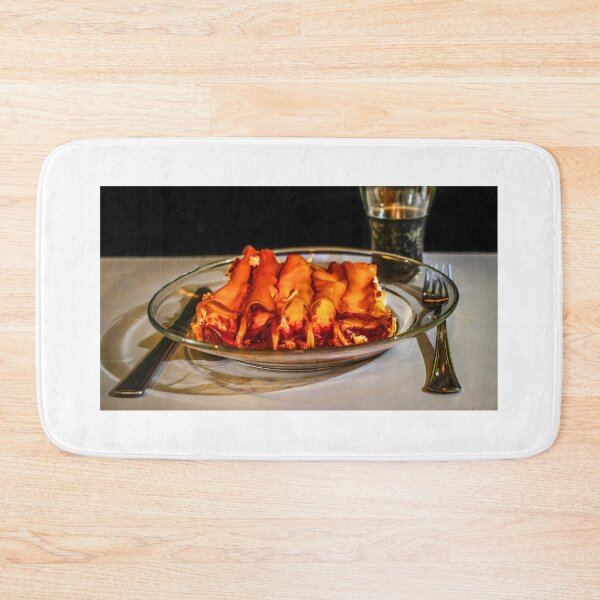 Item preview, Baked Cannelloni Pasta with Tomato Sauce and Cheese on Plate with Fork and Knife designed and sold by Nmallia.