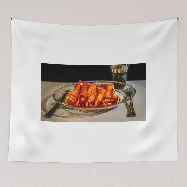 Item preview, Baked Cannelloni Pasta with Tomato Sauce and Cheese on Plate with Fork and Knife designed and sold by Nmallia.