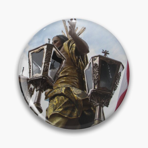 Item preview, Gilded Religious Statue With Lanterns and Flag During Outdoor Procession Under Cloudy Sky designed and sold by Nmallia.