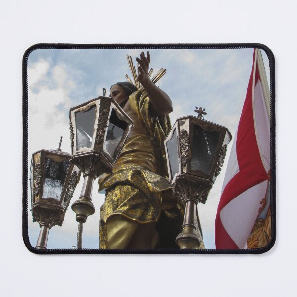 Item preview, Gilded Religious Statue With Lanterns and Flag During Outdoor Procession Under Cloudy Sky designed and sold by Nmallia.