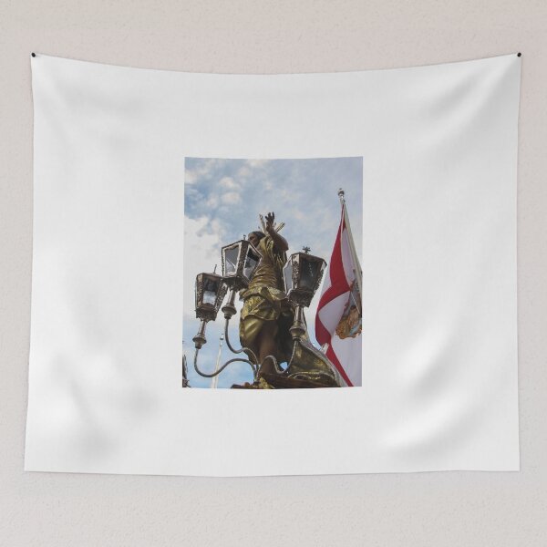 Item preview, Gilded Religious Statue With Lanterns and Flag During Outdoor Procession Under Cloudy Sky designed and sold by Nmallia.