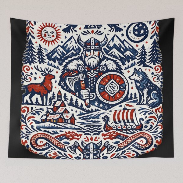 Item preview, Viking Linocut Folk Art Norse Mythology Shield Emblem designed and sold by DarkOriginArts.