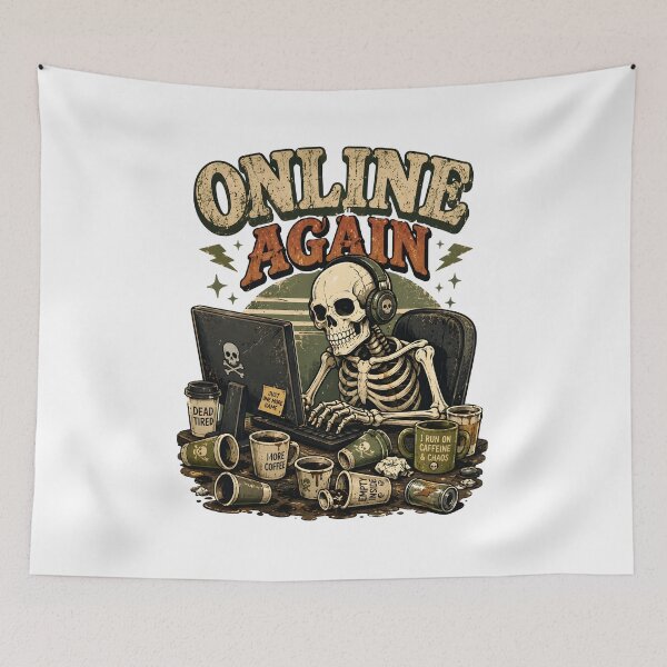 Item preview, Online Again Funny Gamer Skeleton Coffee Addict  designed and sold by Mr Lee.
