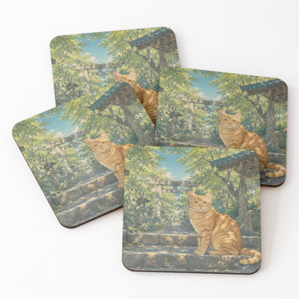 Item preview, Ginger Cat at Japanese Shrine in Summer - Vintage Japanese Art designed and sold by WabiSabiArts.