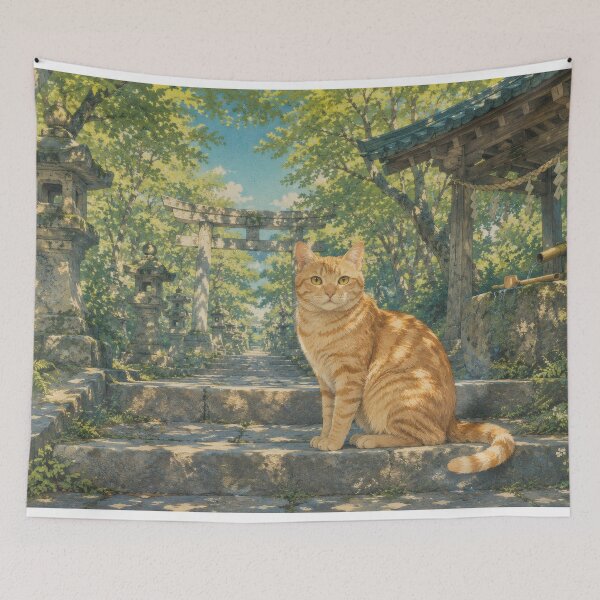 Item preview, Ginger Cat at Japanese Shrine in Summer - Vintage Japanese Art designed and sold by WabiSabiArts.