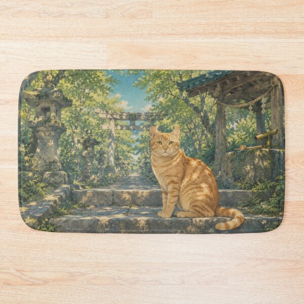 Item preview, Ginger Cat at Japanese Shrine in Summer - Vintage Japanese Art designed and sold by WabiSabiArts.
