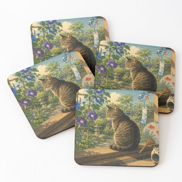 Item preview, Tabby Cat with Morning Glories on Summer Morning - Vintage Japanese Art designed and sold by WabiSabiArts.