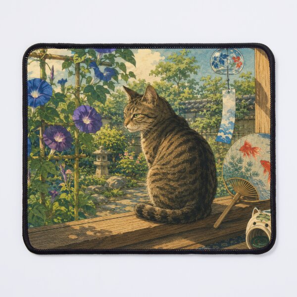 Item preview, Tabby Cat with Morning Glories on Summer Morning - Vintage Japanese Art designed and sold by WabiSabiArts.