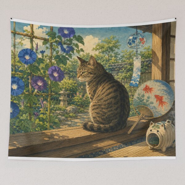 Item preview, Tabby Cat with Morning Glories on Summer Morning - Vintage Japanese Art designed and sold by WabiSabiArts.