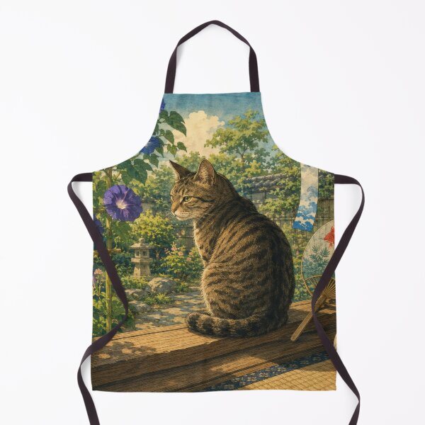 Item preview, Tabby Cat with Morning Glories on Summer Morning - Vintage Japanese Art designed and sold by WabiSabiArts.