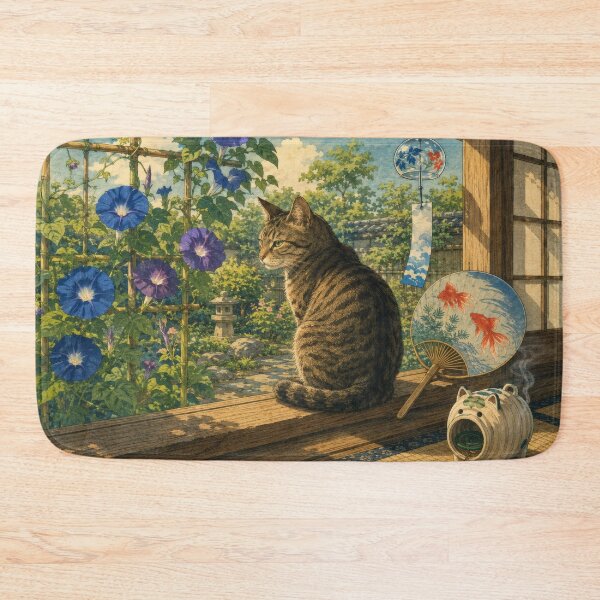 Item preview, Tabby Cat with Morning Glories on Summer Morning - Vintage Japanese Art designed and sold by WabiSabiArts.