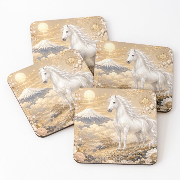 Item preview, Japanese White Horse with Mount Fuji and Plum Blossoms - Vintage Gold Leaf Art designed and sold by WabiSabiArts.