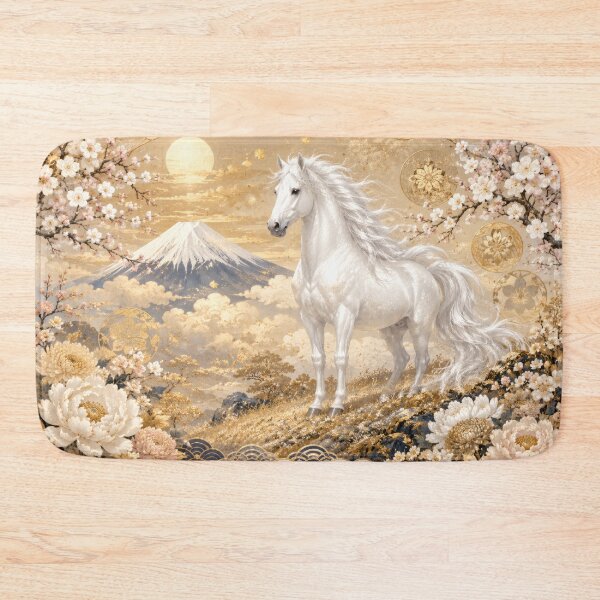 Item preview, Japanese White Horse with Mount Fuji and Plum Blossoms - Vintage Gold Leaf Art designed and sold by WabiSabiArts.