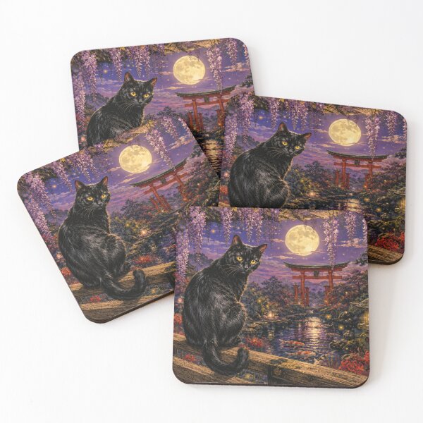 Item preview, Black Cat with Wisteria and Moonlit Torii - Vintage Japanese Night Garden Art designed and sold by WabiSabiArts.