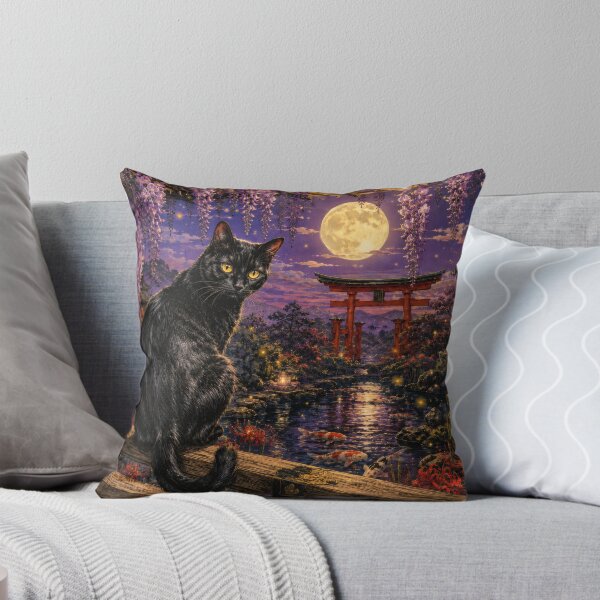 Item preview, Black Cat with Wisteria and Moonlit Torii - Vintage Japanese Night Garden Art designed and sold by WabiSabiArts.