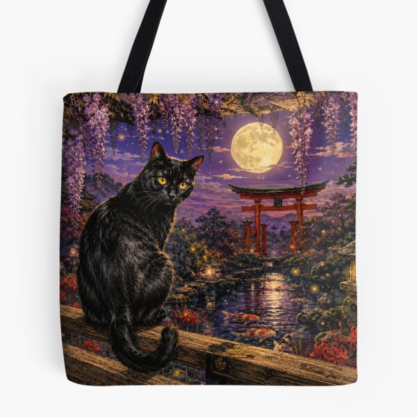 Item preview, Black Cat with Wisteria and Moonlit Torii - Vintage Japanese Night Garden Art designed and sold by WabiSabiArts.