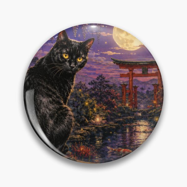 Item preview, Black Cat with Wisteria and Moonlit Torii - Vintage Japanese Night Garden Art designed and sold by WabiSabiArts.