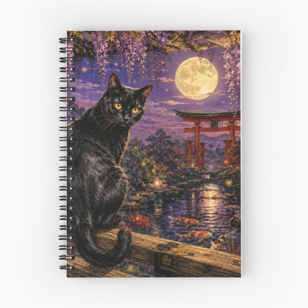 Item preview, Black Cat with Wisteria and Moonlit Torii - Vintage Japanese Night Garden Art designed and sold by WabiSabiArts.