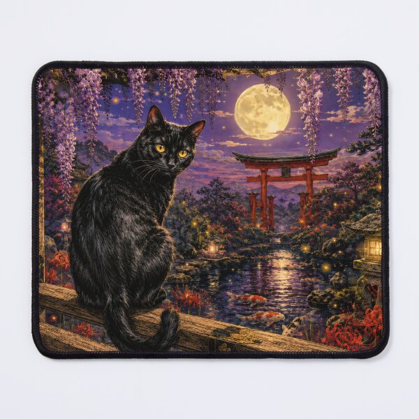 Item preview, Black Cat with Wisteria and Moonlit Torii - Vintage Japanese Night Garden Art designed and sold by WabiSabiArts.