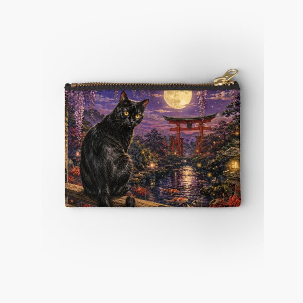 Item preview, Black Cat with Wisteria and Moonlit Torii - Vintage Japanese Night Garden Art designed and sold by WabiSabiArts.