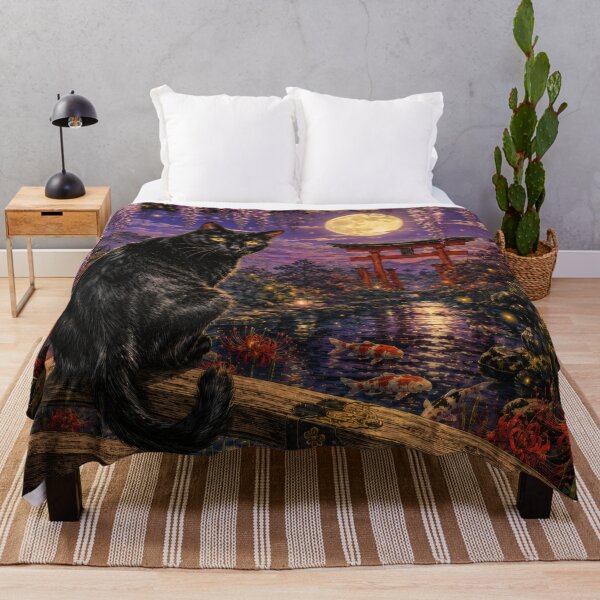 Item preview, Black Cat with Wisteria and Moonlit Torii - Vintage Japanese Night Garden Art designed and sold by WabiSabiArts.