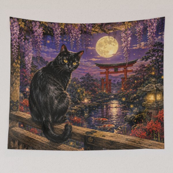 Item preview, Black Cat with Wisteria and Moonlit Torii - Vintage Japanese Night Garden Art designed and sold by WabiSabiArts.
