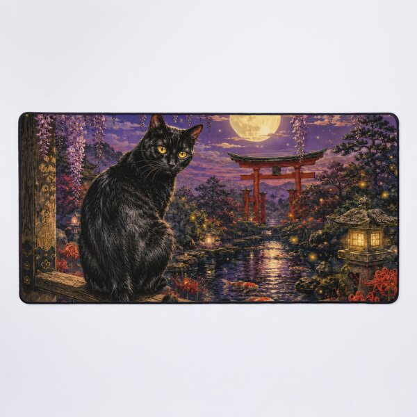Item preview, Black Cat with Wisteria and Moonlit Torii - Vintage Japanese Night Garden Art designed and sold by WabiSabiArts.