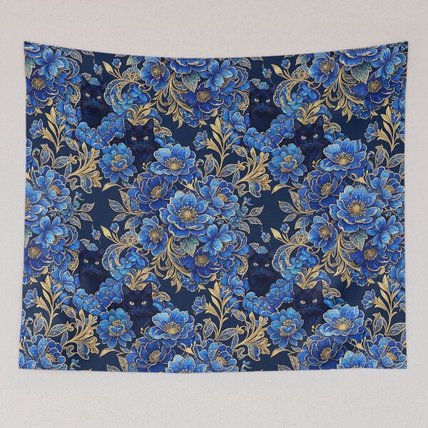 Item preview, Klimt Blue Flowers Black Cat Pattern Art designed and sold by MythicCotton.
