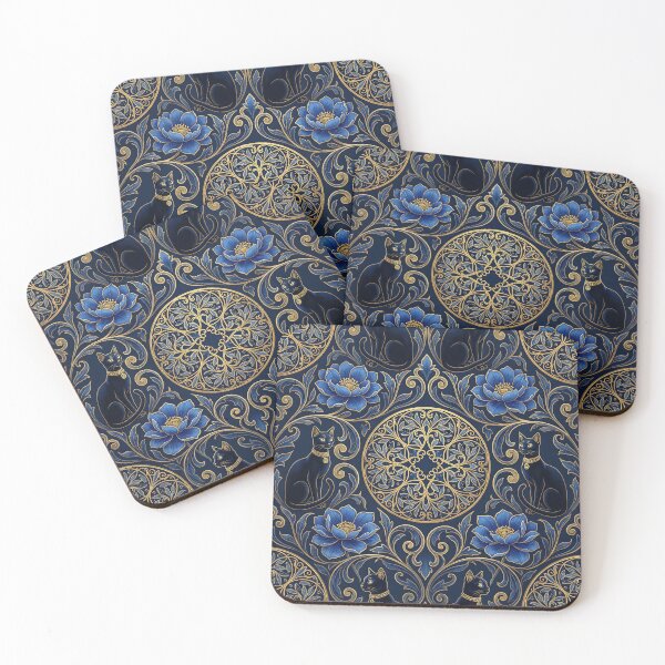 Item preview, Klimt Blue Flowers & Black Cats Ornamental Pattern designed and sold by MythicCotton.