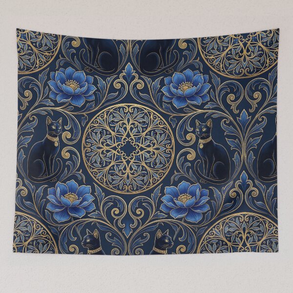 Item preview, Klimt Blue Flowers & Black Cats Ornamental Pattern designed and sold by MythicCotton.