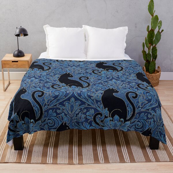 Item preview, Klimt Blue Flowers Black Cat Damask Pattern designed and sold by MythicCotton.