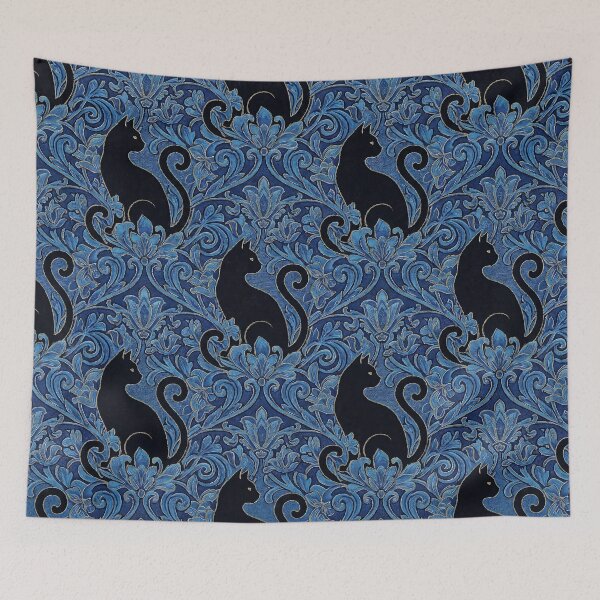 Item preview, Klimt Blue Flowers Black Cat Damask Pattern designed and sold by MythicCotton.