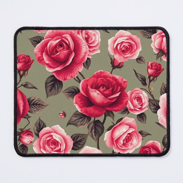 Item preview, Open Rose Floral Pattern on Greenish-Beige - Large Pink and Deep Red Roses designed and sold by IntelliMindDesigns.