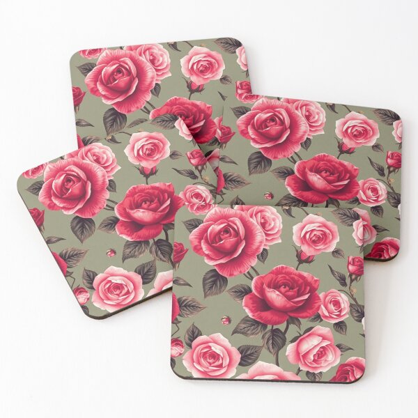Item preview, Open Rose Floral Pattern on Greenish-Beige - Large Pink and Deep Red Roses designed and sold by IntelliMindDesigns.