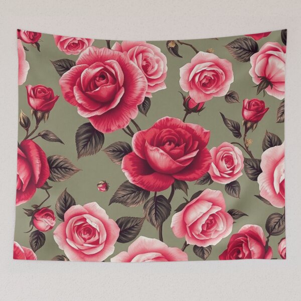 Item preview, Open Rose Floral Pattern on Greenish-Beige - Large Pink and Deep Red Roses designed and sold by IntelliMindDesigns.
