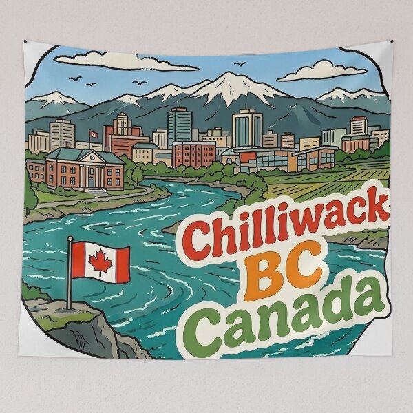 Item preview, Chilliwack BC Cute Skyline Colorful Cityscape Flag designed and sold by HowToCanadian.