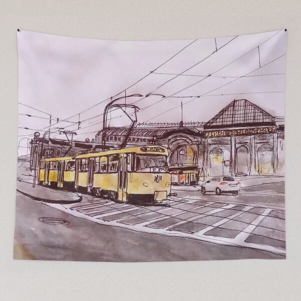 Item preview, Title: Tram in front of Dresden Neustadt station – Urban Sketch Illustration designed and sold by UMA Urban Sketch.