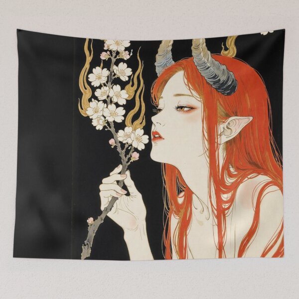 Item preview, Digital Illustration of a Japanese Ukiyo-e She-Devil - Fantasy Art with Horns designed and sold by Alba Forjanívea.