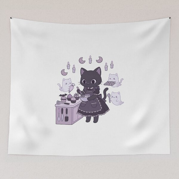 Item preview, Sweet Black Cat in Apron Baking Cupcakes with Playful Ghosts designed and sold by AbanoubStore.