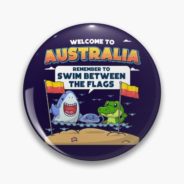 Item preview, Australian Humor – Funny beach joke “Welcome to Australia” Shark, Jellyfish & Crocodile swim between the flags designed and sold by messy-nessie.