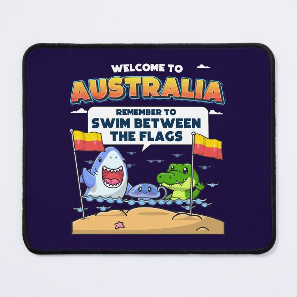 Item preview, Australian Humor – Funny beach joke “Welcome to Australia” Shark, Jellyfish & Crocodile swim between the flags designed and sold by messy-nessie.