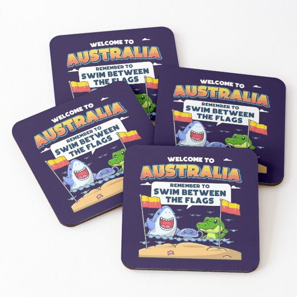 Item preview, Australian Humor – Funny beach joke “Welcome to Australia” Shark, Jellyfish & Crocodile swim between the flags designed and sold by messy-nessie.