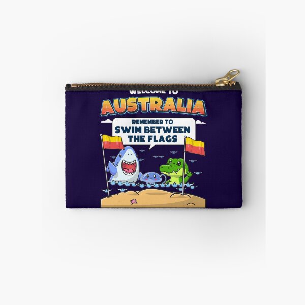 Item preview, Australian Humor – Funny beach joke “Welcome to Australia” Shark, Jellyfish & Crocodile swim between the flags designed and sold by messy-nessie.