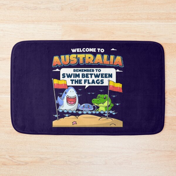 Item preview, Australian Humor – Funny beach joke “Welcome to Australia” Shark, Jellyfish & Crocodile swim between the flags designed and sold by messy-nessie.