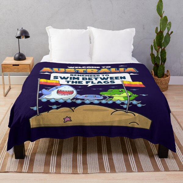 Item preview, Australian Humor – Funny beach joke “Welcome to Australia” Shark, Jellyfish & Crocodile swim between the flags designed and sold by messy-nessie.