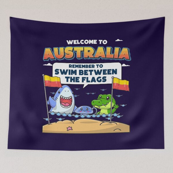 Item preview, Australian Humor – Funny beach joke “Welcome to Australia” Shark, Jellyfish & Crocodile swim between the flags designed and sold by messy-nessie.