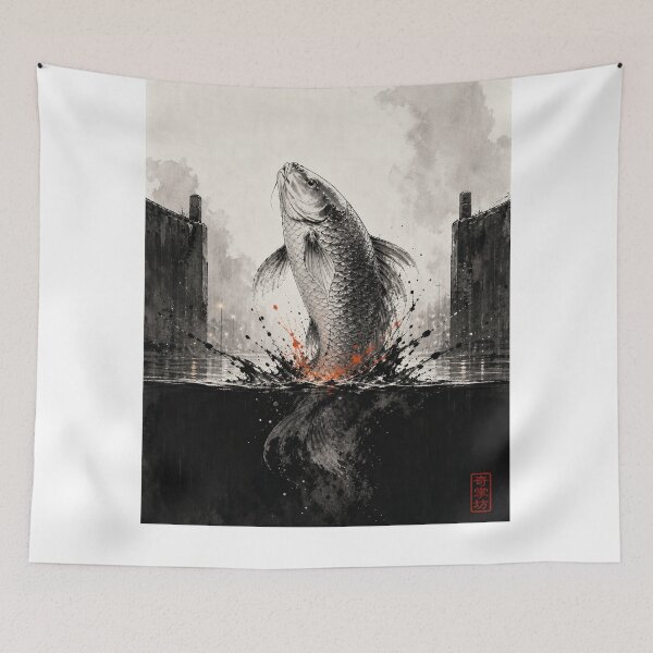 Item preview, Koi Dragon Gate Ink Wall Art designed and sold by oddpawstudio.
