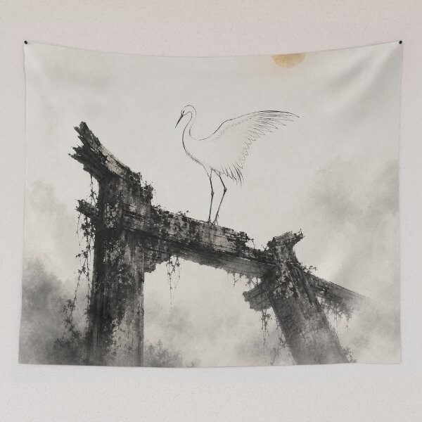 Item preview, Lone Crane Broken Gate Wall Art designed and sold by oddpawstudio.